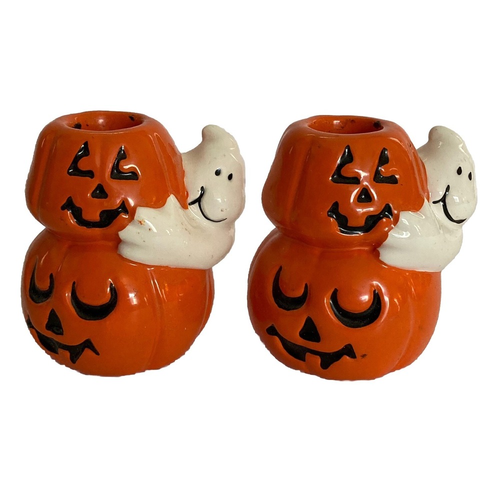 Vtg Halloween Jack O Lantern Ghost ACG Ceramic 3" Taper Candle Holders Set Pair